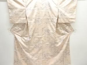 枝花に鳥模様織り出し十日町紬着物